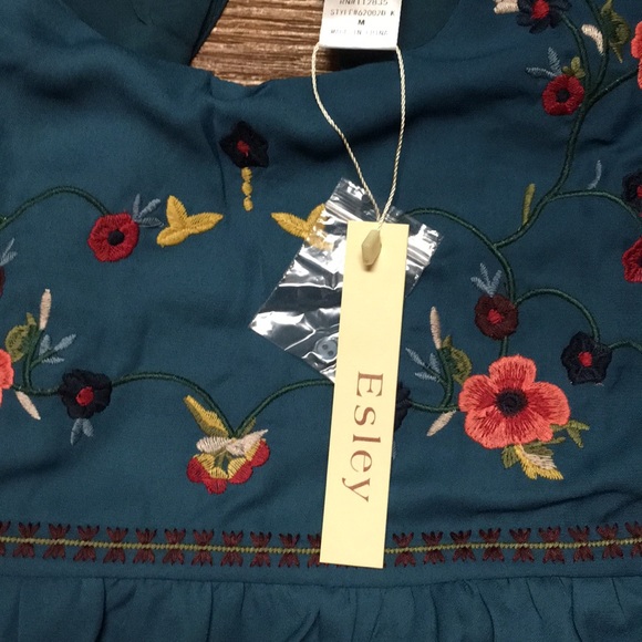 Esley Teal floral embroidered boho shift dress s - Picture 2 of 8